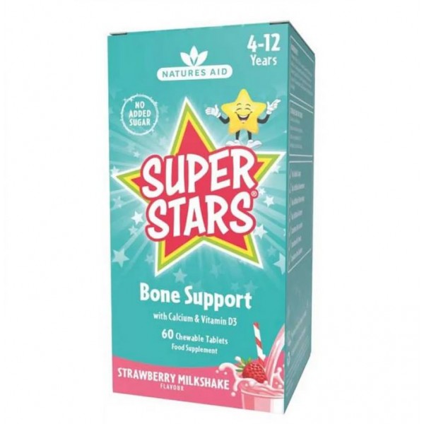 NATURES AID SUPER STARS BONE SUPPORT STRAWBERRY MILKSHAKE FLAVOUR 60 CHEWABLE TABS