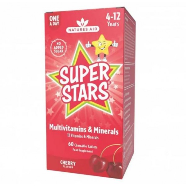 NATURES AID SUPER STARS MULTIVITAMINS & MINERALS CHERRY FLAVOUR 60 CHEWABLE TABS